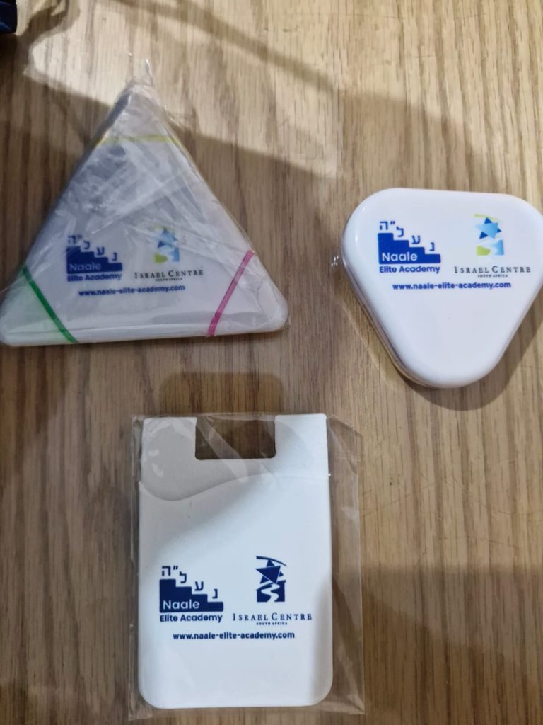 Collection of branded white and blue tags