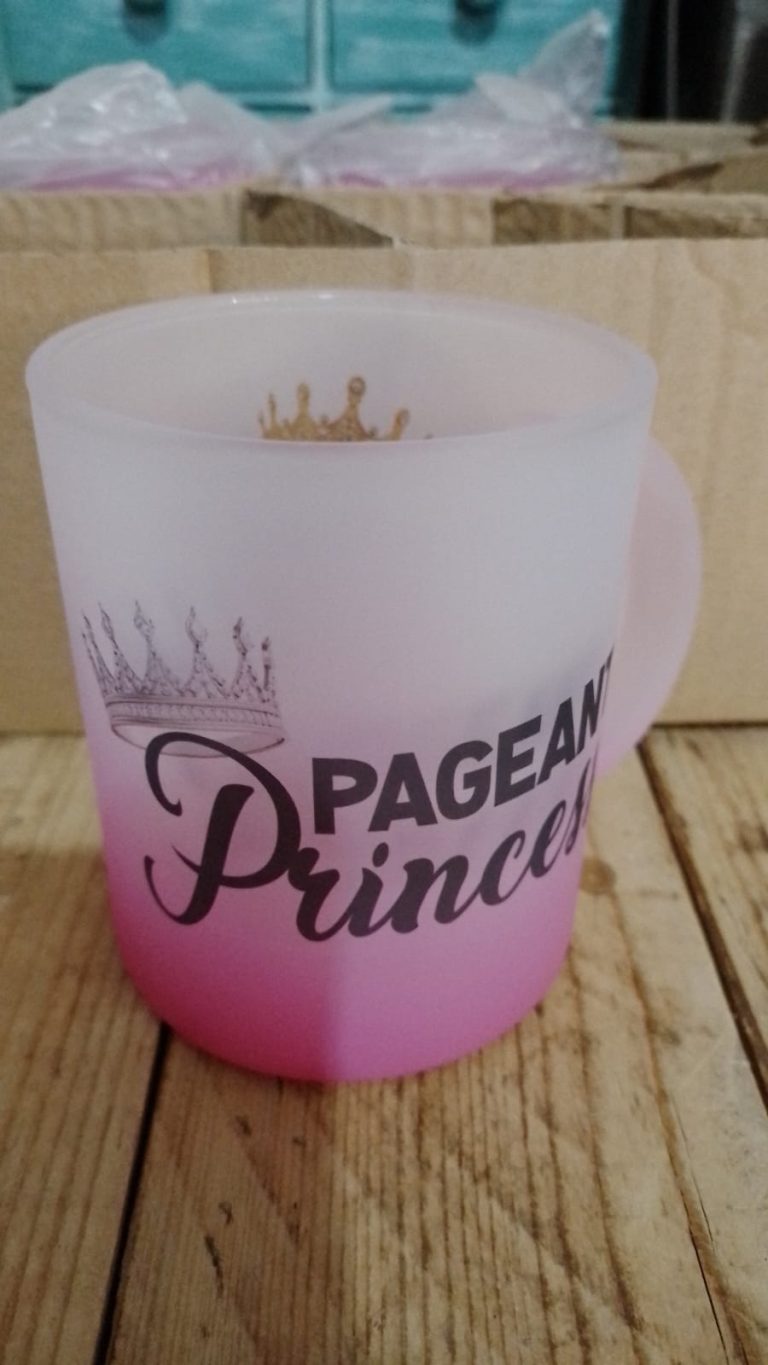 Pink frosted tumbler with a personalised printed design