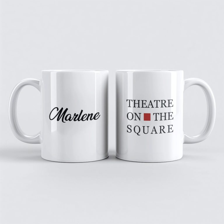 Two white mugs with personalised theatre-themed text