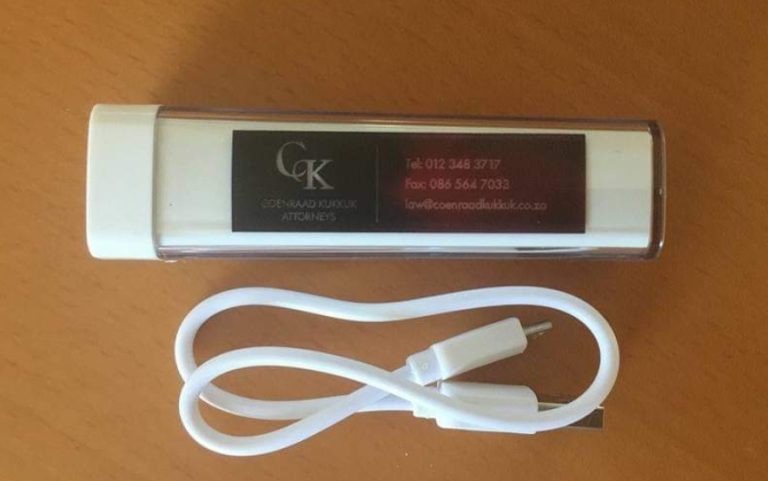 Branded white power bank with a charging cable