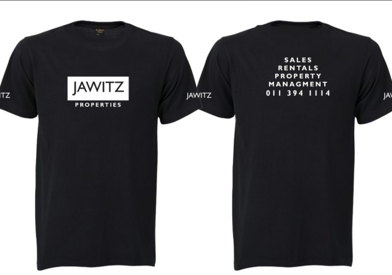 Black T-shirts printed with white company branding