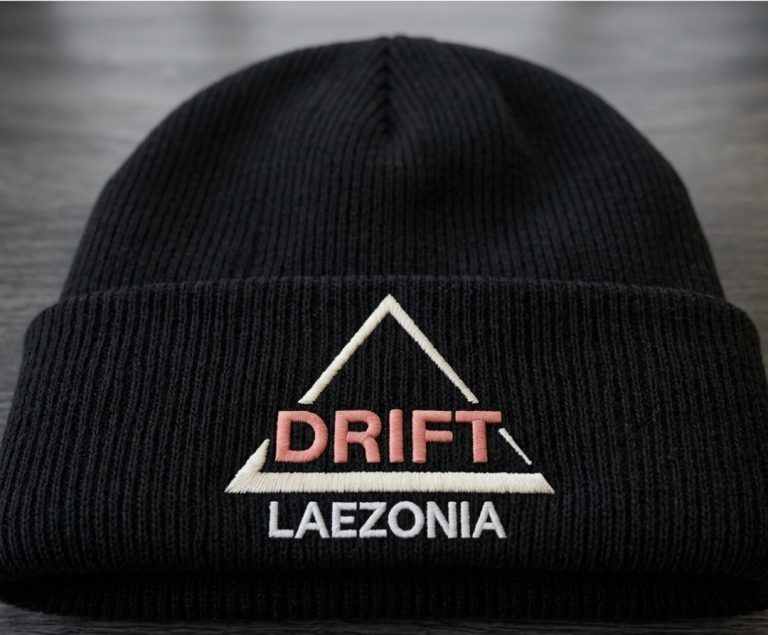 Black beanie with an embroidered company logo
